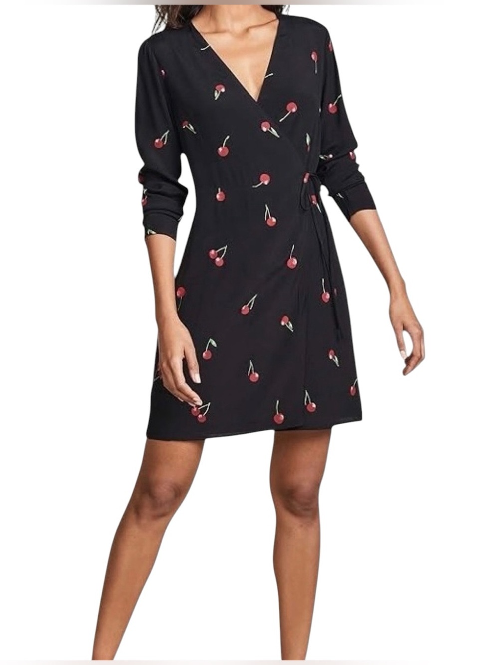 NWT Rails Lola Cerise Cherries Long Sleeve Surplice V-Neck Tie Wrap Mini Dress